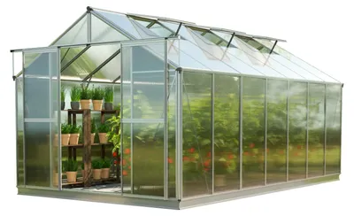 Zdjęcie produktu dla GFP szklarnia Topas 7 rama aluminiowa 225x449 cm - płytami poliwęglanowymi ok. 8 mm - z ramą fundamentową i aut. mechanizm otwierania okien