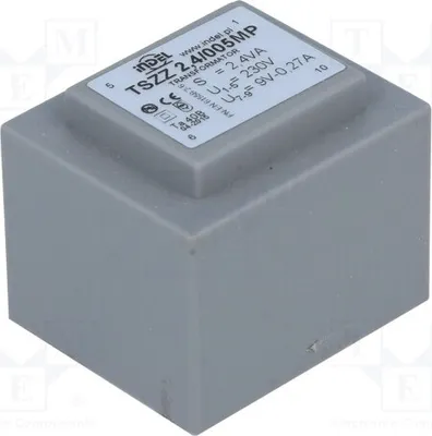 Obrázok produktu pre 1x Transformátor: napätie 230 VAC, prúd 0,266 A, výstupné napätie 9 V, výkon 2,4 VA. Montáž: TSZZ2.4/005MP - transformátor