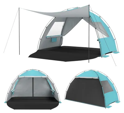 Produktbild von COSTWAY Strandmuschel UV-Schutz 50+, Strandzelt mit Vordach, Reißverschlusstüren, Netzfenstern & Tragetasche, Zelt für 5-6 Personen 260x150x160cm Blau