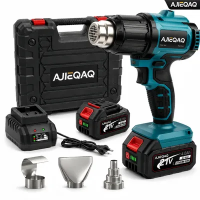 Produktbild von AJIEQAQ Akku Heißluftpistole 21V, Heißluftgebläse 500W, 300/550°C, 2×4,0Ah Akku, 3 Düsen & Koffer, 250/500 L/min