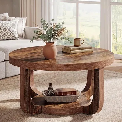 Imagen del producto de Mesa de centro redonda de 80 cm, mesa de salón de 2 niveles con espacio de almacenamiento