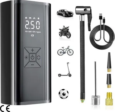 Produktbild von Elektrische Mini-Luftkompressor 150 PSI, 6000 mAh, LCD-Display, LED-Licht, für Auto, Fahrrad, Bälle