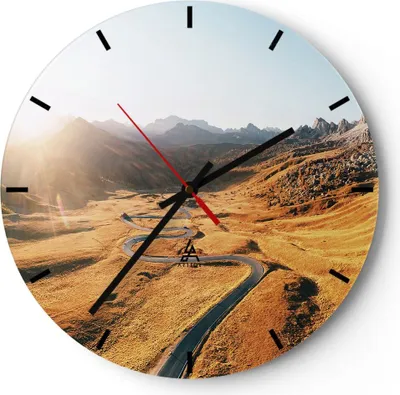 Produktbild von Wanduhr - Rund - Glasuhr - Sonne Berge Weg - 40x40cm - Schleichendes Uhrwerk - Lautlos - zum Aufhängen bereit - Dekoration Modern - Wanddekoration aus Glas - C3AR40x40-4836