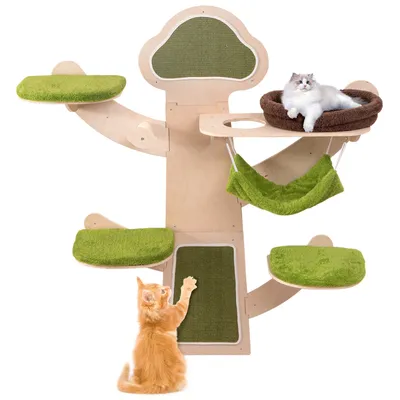Produktbild von COSTWAY Kratzbaum Wandmontage, Katzenwand mit Plattformen, Hängematte, Kratzpfosten, Kratzmatte & abnehmbarem Kissen Grün