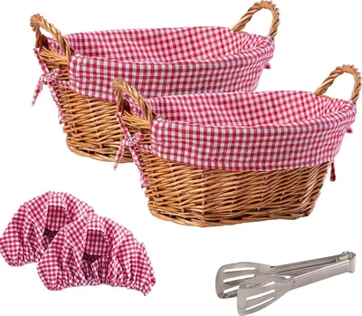 Produktbild von eGenuss 2 Landhausstil dicke Weiden Brotkörbe + 2 abnehmbare Baumwolle Liner + 2 Baumwolle atmungsaktiv Korb Abdeckungen + 1 Edelstahl-Zange | Rot