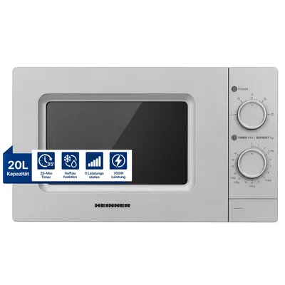 Produktbild von Heinner HMW-MD20MSL, Arbeitsplatte, Solo-Mikrowelle, 20 l, 700 W, Drehregler, Silber