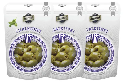 Zdjęcie produktu dla Dumet Chalkidiki, oliwa z oliwek greckich, zielone oliwki nadziewane jalapeno, 150g, zestaw 3 sztuk