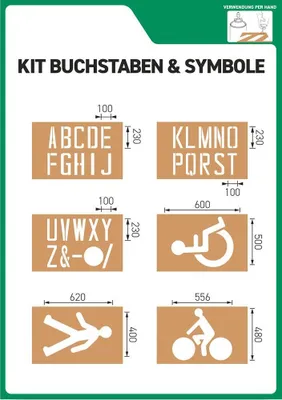 Produktbild von Schablonen-Set aus 6 verschiedenen Schablonen, Buchstaben und Piktogramme
