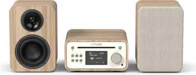 A stereo system with two speakers and a central unit, displayed against a white background.