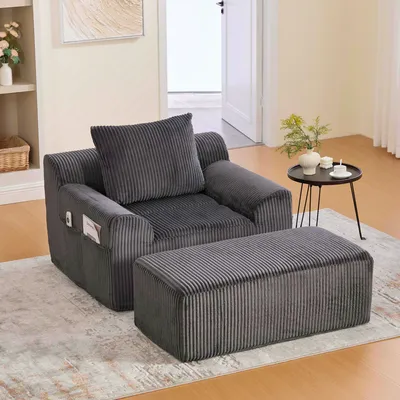 Image de okwish Fauteuil lounge avec repose-pieds, assise rembourrée, sans montage, poches latérales et coussins – gris