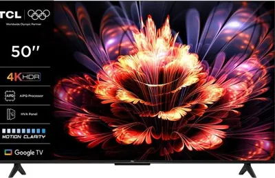 A TCL television displaying a vibrant, abstract floral image.