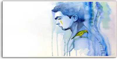 Produktbild von Coloray Acrylbild 100x50  Wandbild Acrylbilder Porträt eines Mannes mit kleinem Vogel