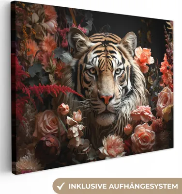 Obrázok produktu pre Dekorácia na stenu 80x60 cm - Zvieratá - Tiger - Príroda - Kvety - Botanické, dekorácie obývacia izba, obrazy, nástenné dekorácie