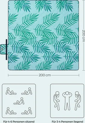 Produktbild von Songmics Picknickdecke, Hellblau mit Farnmotiv, 200x200 cm, wasserdicht, maschinenwaschbar, aus Polyester, Schaumstoff, Vlies & Aluminiumbeschichtung, für 4-6 sitzend / 3-4 liegend, 1,1 kg, mit Griff & Schulterriemen