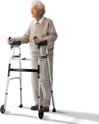 Immagine prodotto di Depliant per anziani e persone con mobilità ridotta, realizzata in alluminio e dotata di supporti per l'avambraccio, pieghevole, ideale per la riabilitazione, con 8 regolazioni di altezza, dispositivo medico