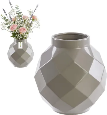 Image de Vase en céramique cuite à la main motif tridimensionnel moderne élégant Gris Ø11 H22 cm - décoration élégante, vase spacieux pour vos fleurs,inspiration florale, bouquets vivants