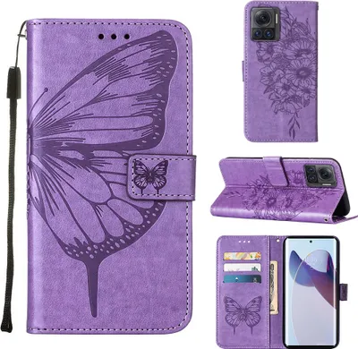 Produktbild von Moto X30 Pro Hülle, Schmetterling Prägung Flip Leder Kartenfächer Schutzhülle Ledertasche mit Ständer für Motorola Moto X30 Pro 5G Violett