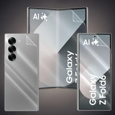 Three silver smartphones are displayed against a dark gray background. One is folded, one is open, and one is a standard smartphone. All have screen protectors applied.