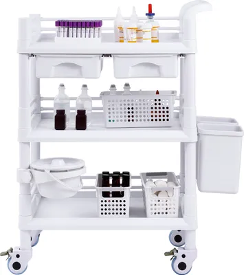 Produktbild von SucceBuy 3-stöckiger Laborwagen, Mehrzweckwagen mit 3 Tabletts und 4 leisen Rädern, mobiler medizinischer Wagen mit PP-Material, Rollwagen mit 3 Mülleimern für Labor, Klinik, Krankenhaus, Salon, Weiß