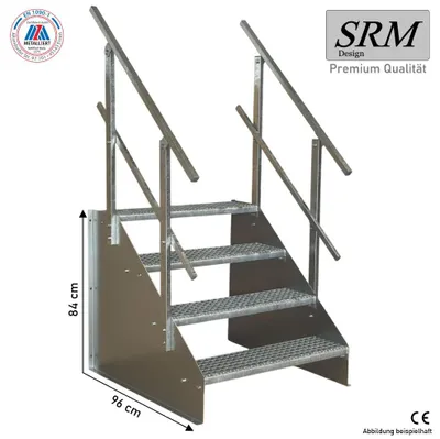 Produktbild von 4 Stufen Standtreppe Modell 1 verzinkt, Breite 90 cm, Höhe 84 cm 2x Geländer Eckig