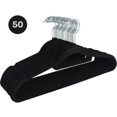 Produktbild von Kleiderbügel Samt 50er Set – Samtbügel schwarz - Rutschfest mit Kunststoffkern, Hosensteg, Kerben & 360° Haken für Anzüge, Hemden & Jacken!