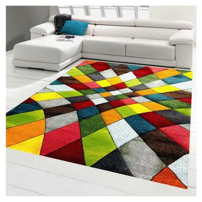 Produktbild von Moderner Teppich für das Wohnzimmer mit abstraktem Design in buntem Rautenmuster in Grün, Gelb und Orange - pflegeleicht, Größe 120x170 cm