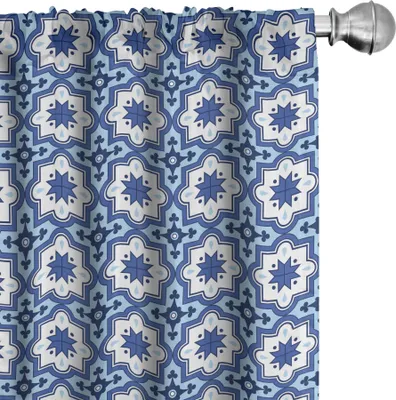 Produktbild von ABAKUHAUS Navy blau Vorhänge, Gardinen, Marokkanische traditionelle Fliesen-Motive mit Blumenelementen im Blau, 2 Stück 75 x 175 cm, Violettblau Hellblau