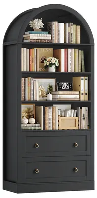 Image de Bibliothèque à étagères bombées - Meuble de rangement indépendant à 4 étagères - Meuble en bois avec tiroirs - 177 x 79,5 x 36 cm - Pour le salon et la cuisine - Noir