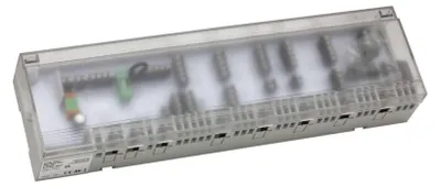 A product shot of an electronic connection strip with a clear plastic cover.