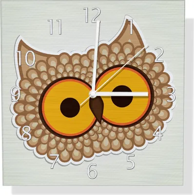 Produktbild von Wallario Design Wanduhr Lustige Comic Eule mit großen Augen aus Aluverbund, Größe 30 x 30 cm
