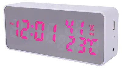 Zdjęcie produktu dla Budzik z lustrem, zmiennymi kolorami LED, funkcją ładowania telefonu, regulacją głośności oraz wyświetlaczem temperatury i wilgotności – zegar ścienny do domu, biura i w podróży