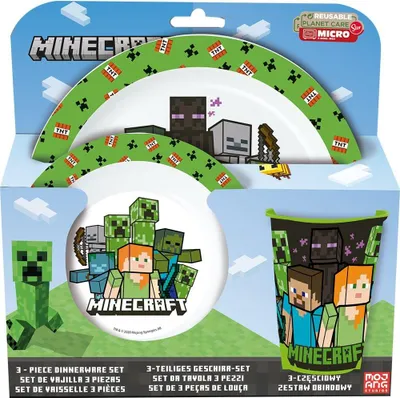 Immagine prodotto di Set regalo Mojang Minecraft da 3 pezzi in plastica di qualità per alimenti per bambini, comprendente tazza, ciotola e piatto fondo.