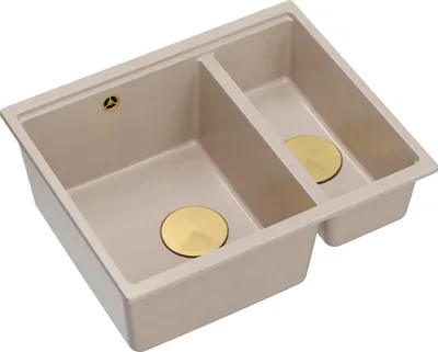 Produktbild von QUADRON Spülbecken 1,5-Becken Spüle | Größe: 55,5 x 46 x 22 cm | LOGAN 150 | Küchenspüle Granitspüle aus GraniteQ mit Siphon | Beige + Golden