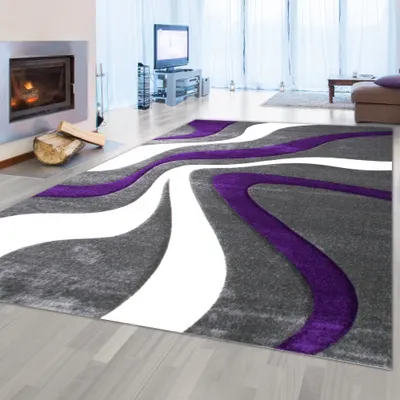 Image de Motif ondulé Tapis design en violet gris blanc | facile d'entretien Taille - 200 x 290 cm