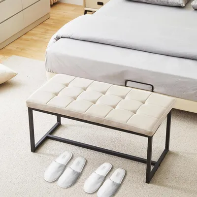 Immagine prodotto di Panca imbottita per sala da pranzo, 100 cm, rivestita in velluto, gambe in metallo, color crema