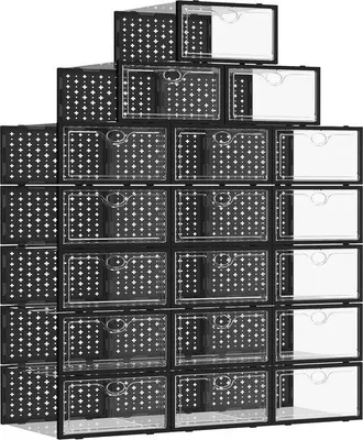 Image de Boîtes à chaussures en plastique, lot de 18, empilables, transparentes, motif noir