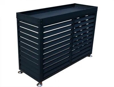 A dark-colored outdoor unit cover with slatted sides and a flat top.