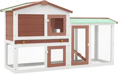 Image de Grande cage extérieure en bois pour lapins, de couleur marron et blanche. Cage pour lapins, cage pour cobayes, 145x45x84 cm. Enclos d'exercice, maison pour lapins, abri pour petits animaux, cage pour hamsters, enclos pour lapins, cage pour petits animaux