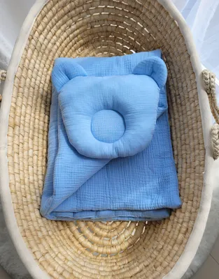 Produktbild von Teddybär-Musselin-Bettdecke mit Füllung und Konturkissen - 2-teiliges Set - blau