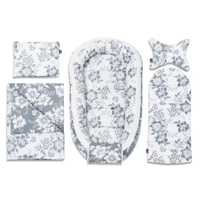 Produktbild von Bellochi 5 tlg. Baby Kuschelnest-Set - aus 100% Baumwolle -   - inkl Babynestchen 90x60 cm, Kuscheldecke, Kopfkissen, flaches Kissen mit Bezüge - Grau Magnolia