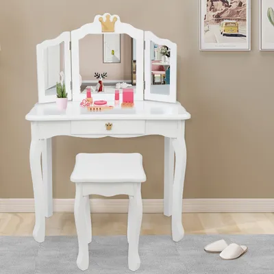 Image de ALIGHTUP Ensemble coiffeuse pour enfants avec tabouret，avec 1 tiroir, table de maquillage style princesse, coiffeuse pour filles (blanc)