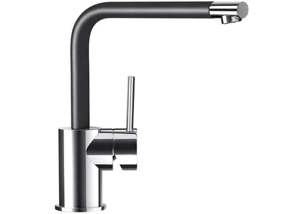 A modern kitchen faucet with a matte black spout and a chrome base and handle.