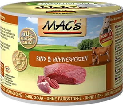 Produktbild von MAC's CAT RIND & HÜHNERHERZEN, Adult, Rind, Huhn, 200 g