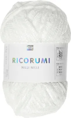 A ball of white chenille yarn with a label.