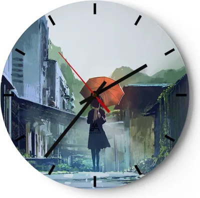 Produktbild von Wanduhr - Rund - Glasuhr - Frau Straße Haus - 40x40cm - Schleichendes Uhrwerk - Lautlos - zum Aufhängen bereit - Dekoration Modern - Wanddekoration aus Glas - C3AR40x40-3918