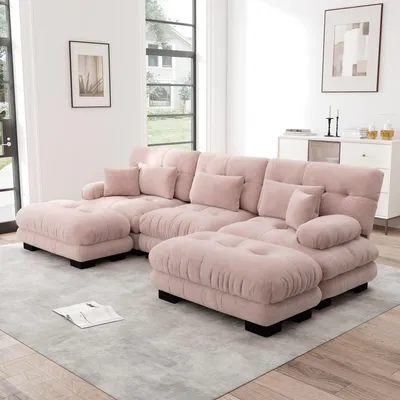 Produktbild von MODFU Dreisitzer Polstersofa mit mit 2 Lendenkissen und 2 Dekokissen,U-förmiges Sofa,Loungesofa Chenille,mit 2 Ottoman,Modulares Sofa,Rosa