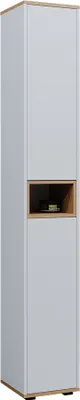 A tall, narrow cabinet with a white exterior and a wooden accent shelf.