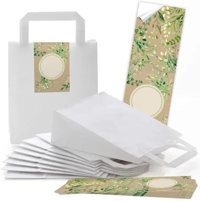 Produktbild von 100 braune Papiertüten Geschenk-tüten Weihnachtstüten Boden 18 x 8 x 22 cm kleine Papiertaschen Weihnachts-Aufkleber Christbaum rot gelb Kraftpapier-Tüten Weihnachten Verpackung GeschenkeAufkleber grün braun zum Beschriften / 5 Stück