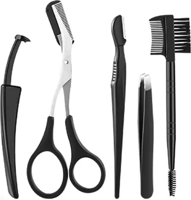 Produktbild von COOL-i® Augenbrauenpinzette, 5 Stück Edelstahl Pinzette, Augenbrauen Pflegeset, Augenbrauenschere, Augenbrauen Schneidewerkzeug, Pinzette, Augenbrauenrasierer und Wimpernpinsel, schwarz
