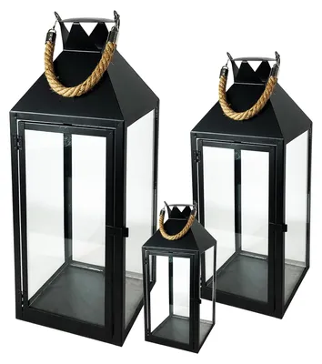 Image de set de 3 lanternes avec poignées en corde Noir 25/40/51cm
